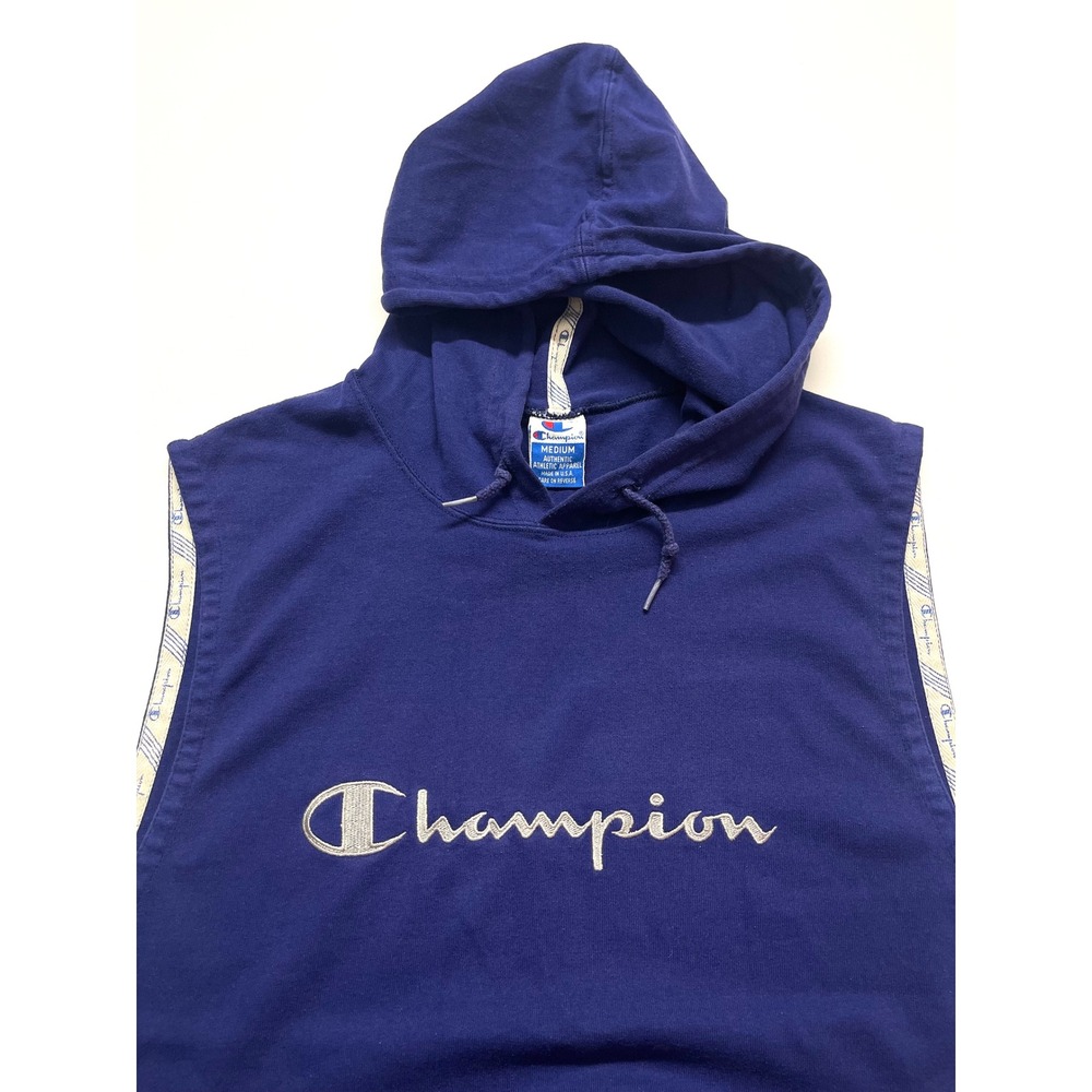 Vintage Champion Sleeveless Hoodie Mens Medium Navy Blue Made in USA 0438